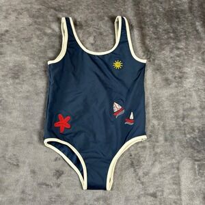 Zara Kids Navy Nautical Embroidered One Piece Swimsuit Sailboat Starfish 5-6Y